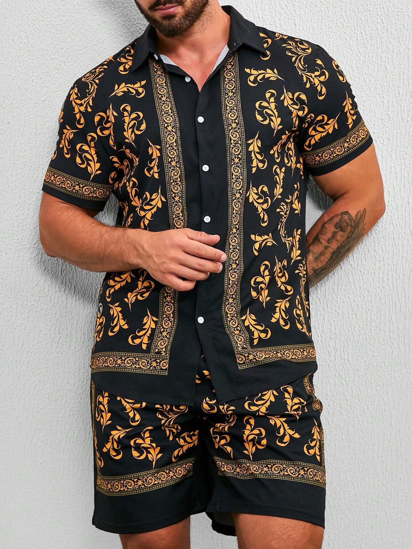 Calvornis Men'S Resort-Casual Short-Sleeve Shirt and Shorts Set with a Luxurious Black-And-Gold Paisley Pattern, Woven in a Silky Satin Jacquard Fabric. Featuring a Button-Front Closure, It'S Perfect for Music Festivals, Hawaiian Beach Vacations, and Everyday Styling. It Also Makes a Great Gift for a Boyfriend or Husband ,Men'S Casual Cashew Flower Print Shirt and Shorts Set Men Shorts Set ,Men Two Piece Outfits