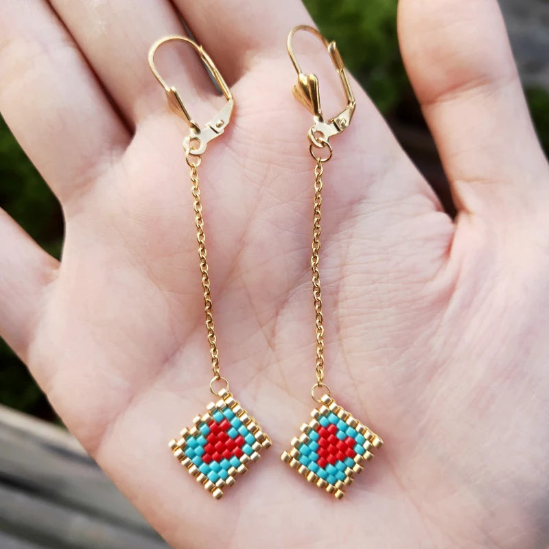 Sweet Love Heart Earrings Miyuki Boho Jewelry Red Wedding Long Drop Earring Women Accessories Pendientes Korean Earring