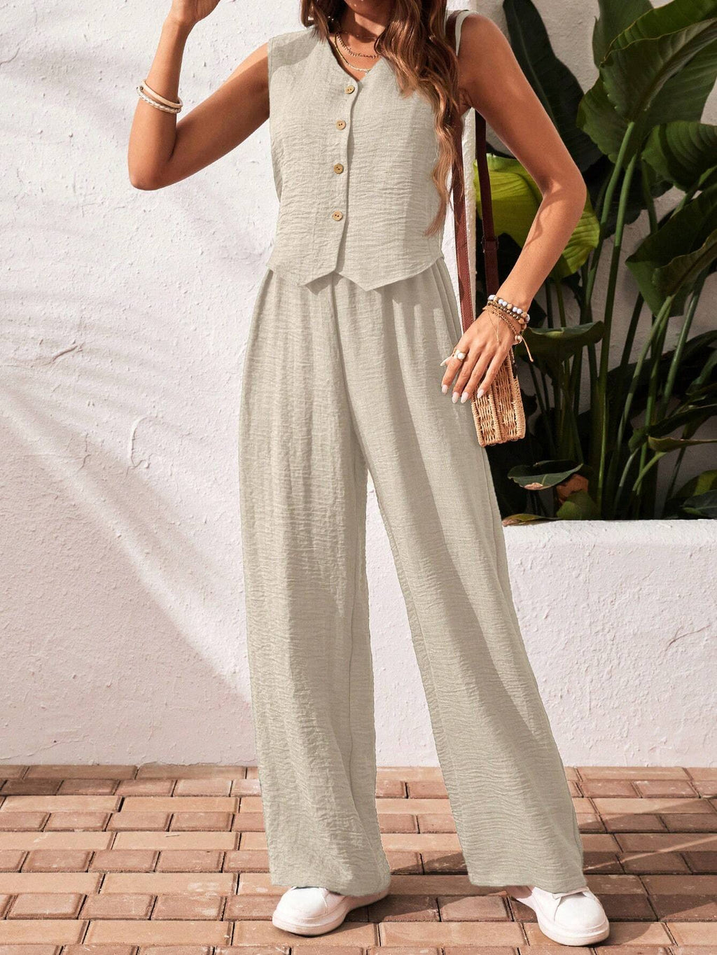 Frenchy Women'S Solid Color Front Button Sleeveless Blouse and Long Pants Casual Suit Set Fall Women Outfits Women Outfit Sets Winter Women Sets Summer