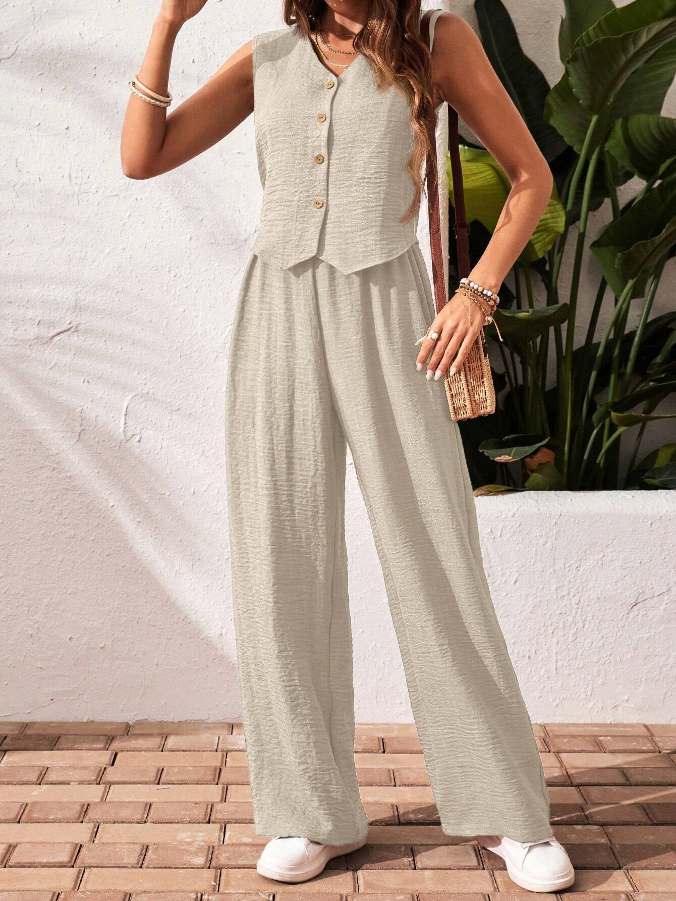 Frenchy Women'S Solid Color Front Button Sleeveless Blouse and Long Pants Casual Suit Set Fall Women Outfits Women Outfit Sets Winter Women Sets Summer