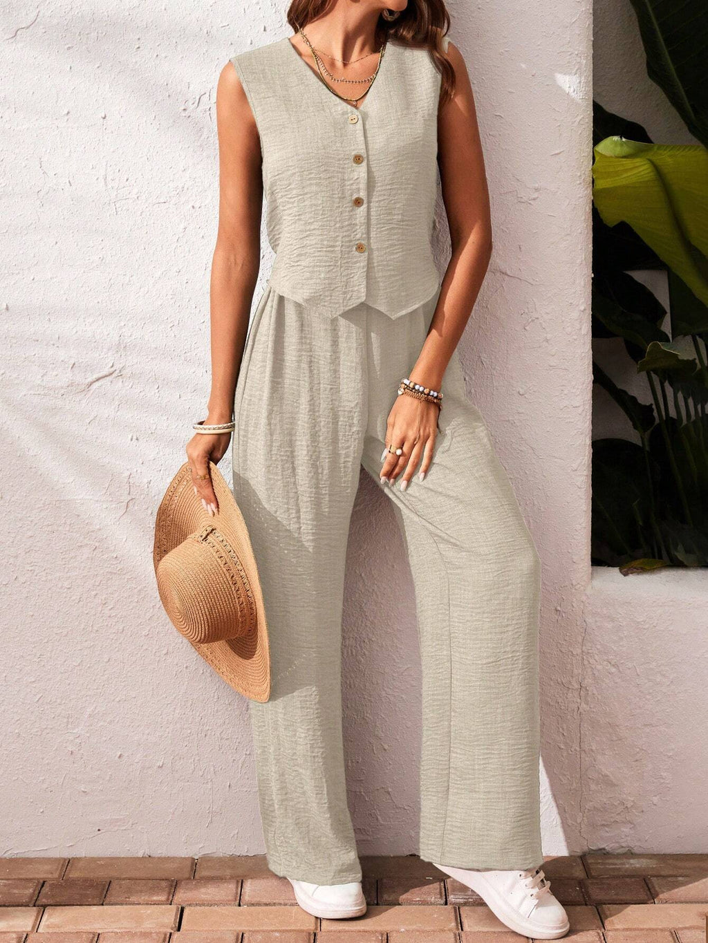 Frenchy Women'S Solid Color Front Button Sleeveless Blouse and Long Pants Casual Suit Set Fall Women Outfits Women Outfit Sets Winter Women Sets Summer