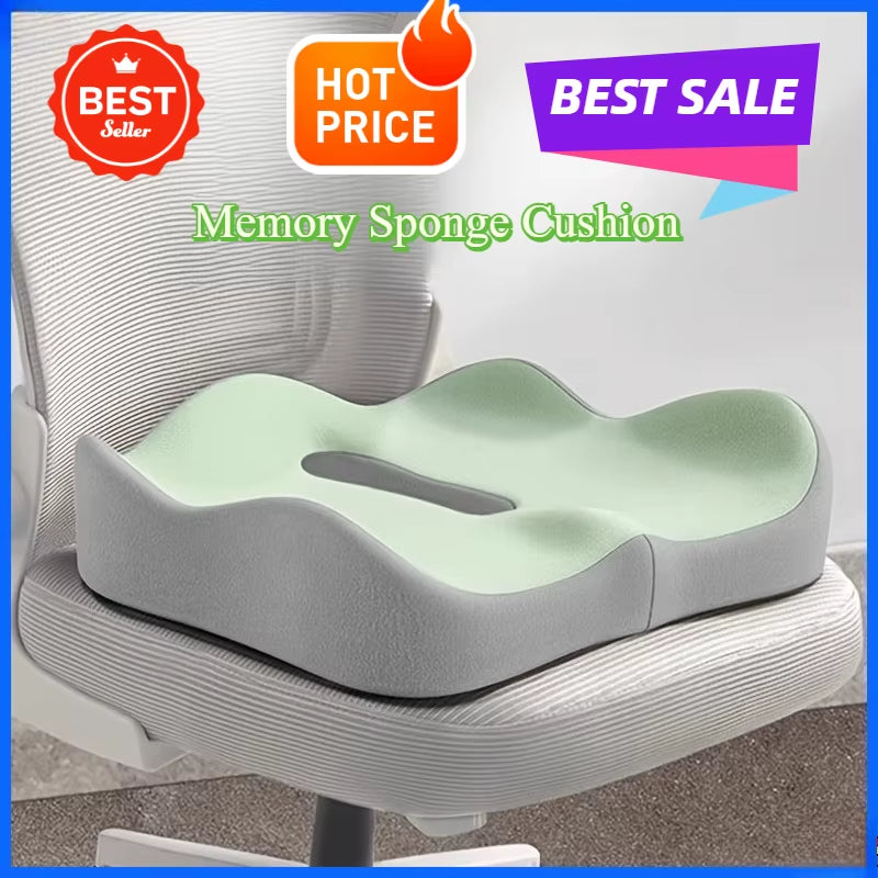 1Pc Memory Foam Seat Cushion - 3D Ergonomic Support| Light Green & Grey, Washable Polyester, Car/Office Essentials