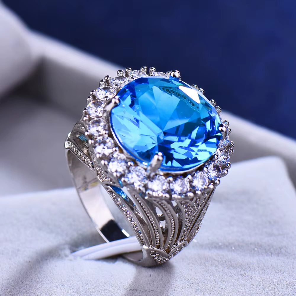 Luxury Female Big Blue Stone Ring Silver Color Wedding Rings for Women 2019 New Year Fashion Engagement Ring Jewelry Gifts
