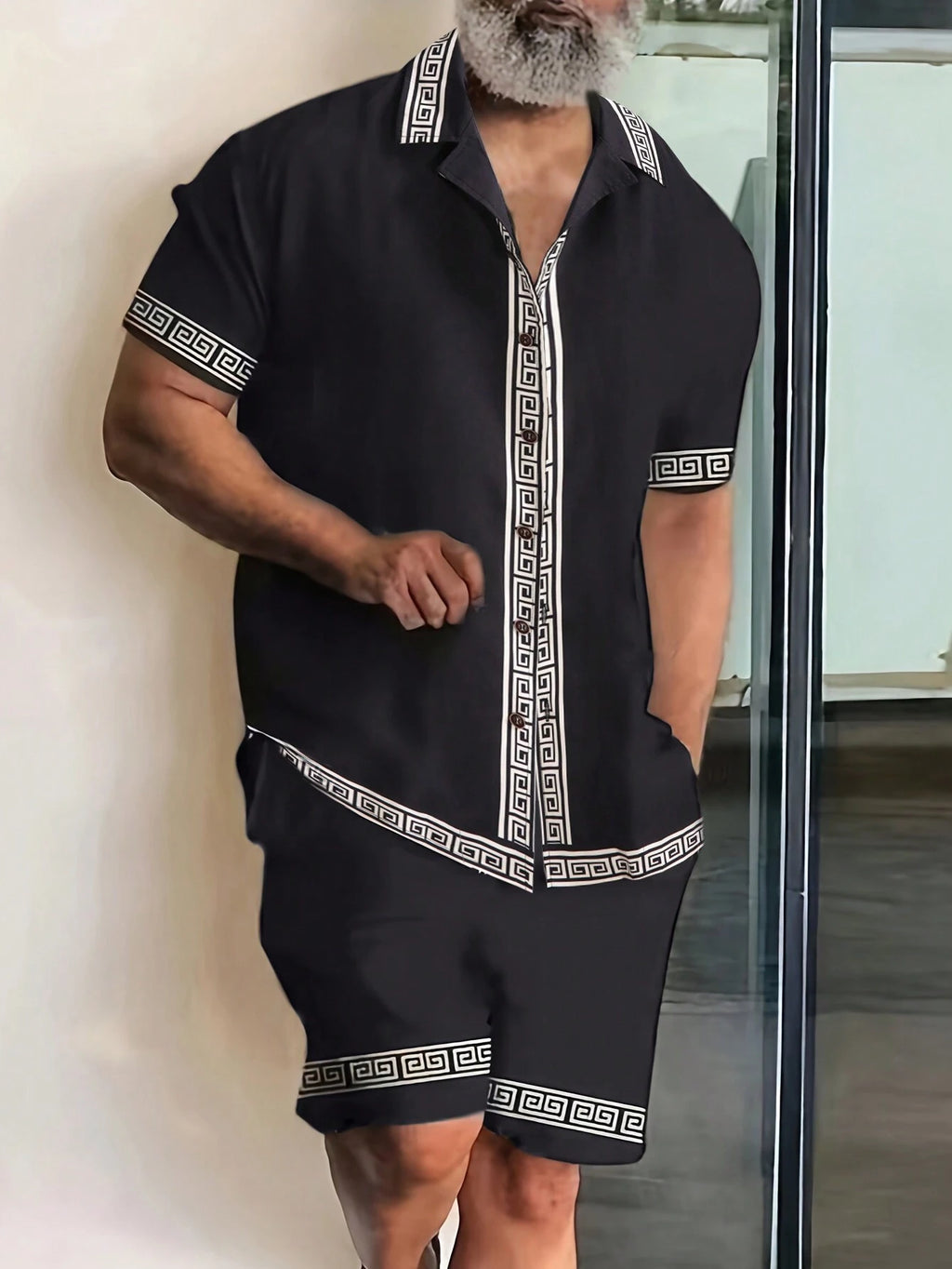 Manfinity Homme Men'S Casual Vacation Geometric Print Short Sleeve Button down Shirt and Shorts Set with Collar, Boyfriend Gift