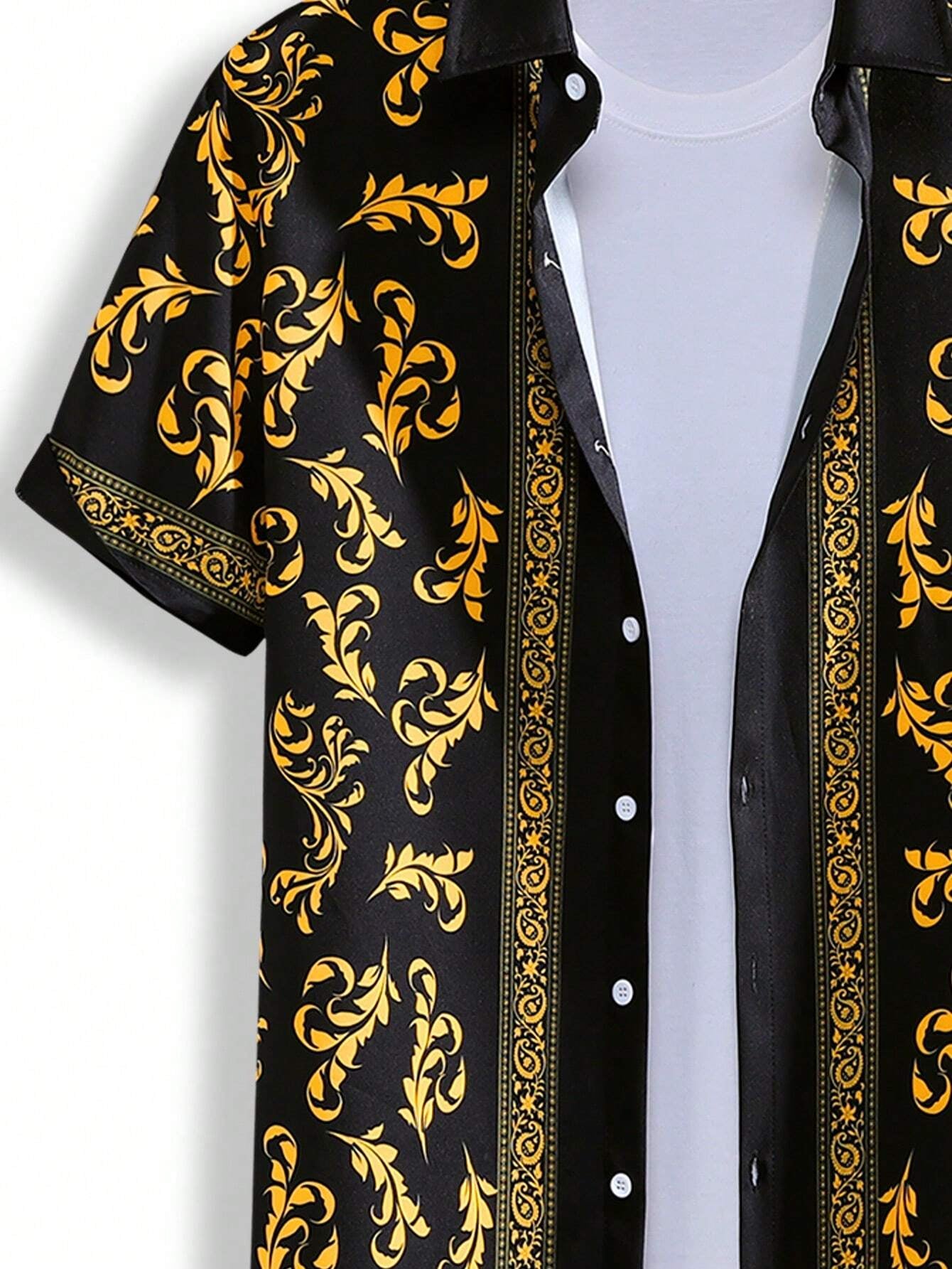 Calvornis Men'S Resort-Casual Short-Sleeve Shirt and Shorts Set with a Luxurious Black-And-Gold Paisley Pattern, Woven in a Silky Satin Jacquard Fabric. Featuring a Button-Front Closure, It'S Perfect for Music Festivals, Hawaiian Beach Vacations, and Everyday Styling. It Also Makes a Great Gift for a Boyfriend or Husband ,Men'S Casual Cashew Flower Print Shirt and Shorts Set Men Shorts Set ,Men Two Piece Outfits