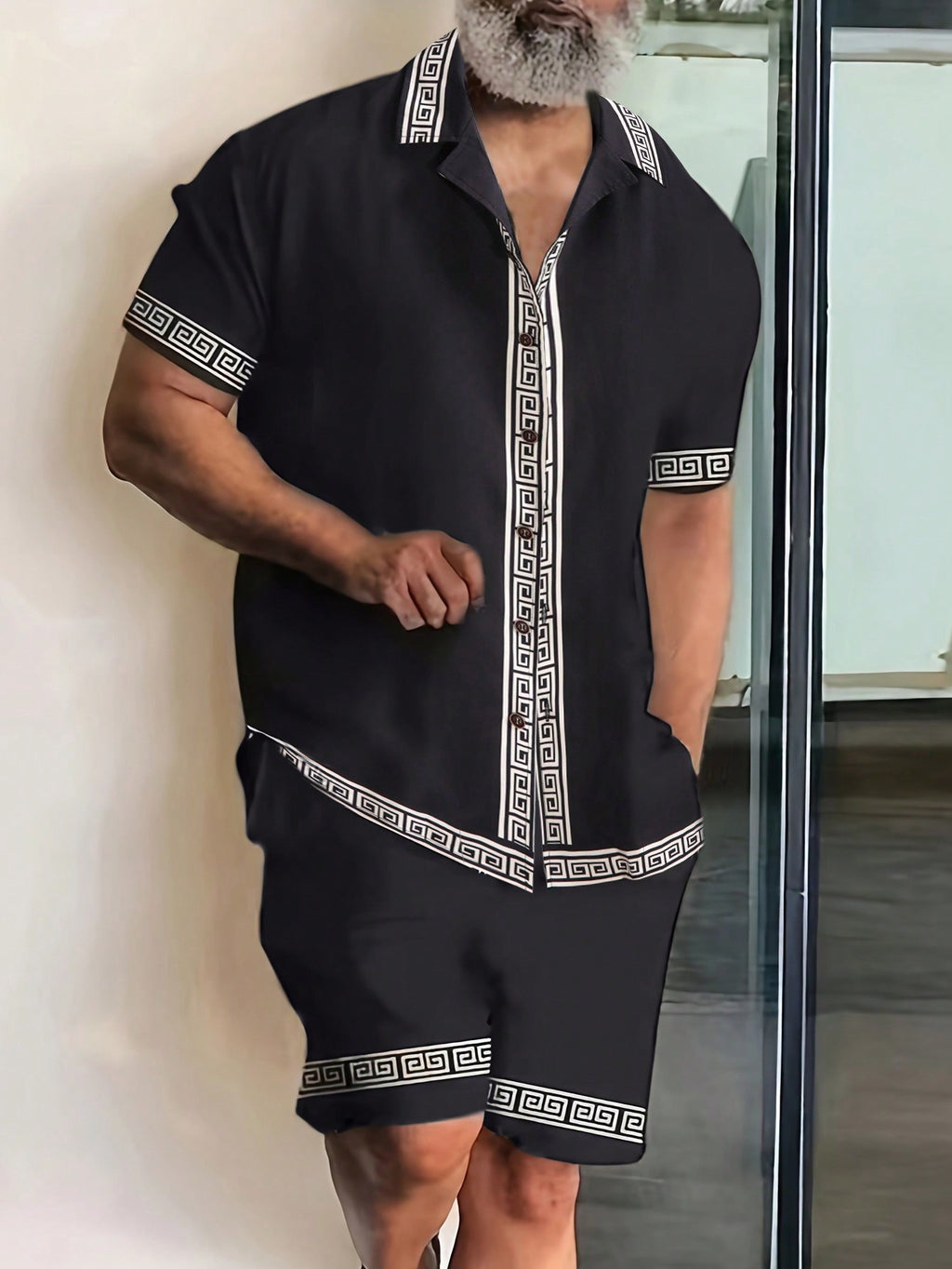 Manfinity Homme Men'S Casual Vacation Geometric Print Short Sleeve Button down Shirt and Shorts Set with Collar, Boyfriend Gift