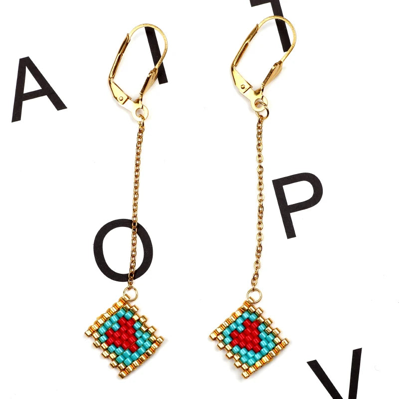 Sweet Love Heart Earrings Miyuki Boho Jewelry Red Wedding Long Drop Earring Women Accessories Pendientes Korean Earring