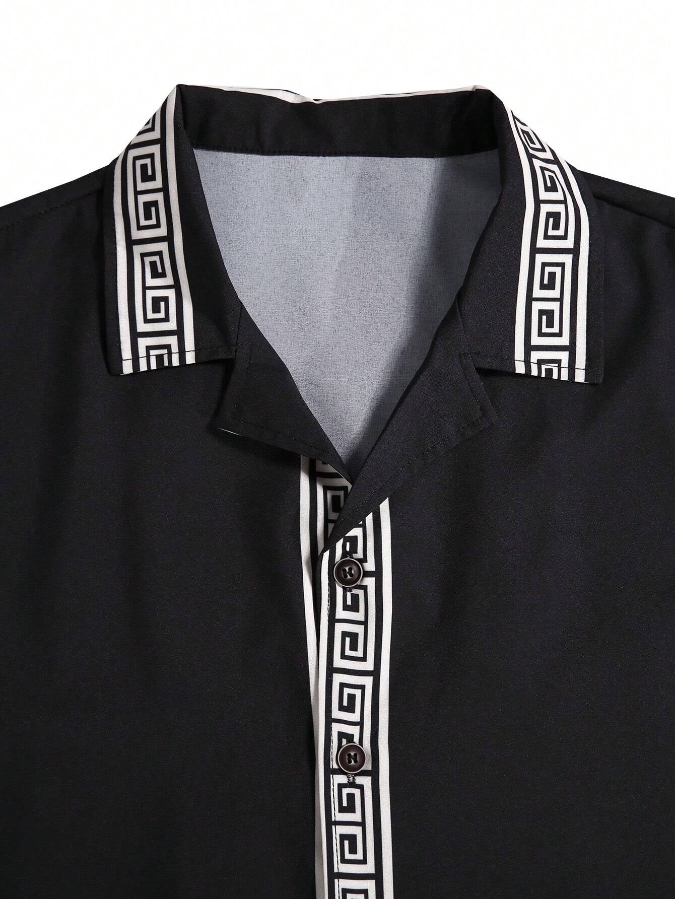 Manfinity Homme Men'S Casual Vacation Geometric Print Short Sleeve Button down Shirt and Shorts Set with Collar, Boyfriend Gift