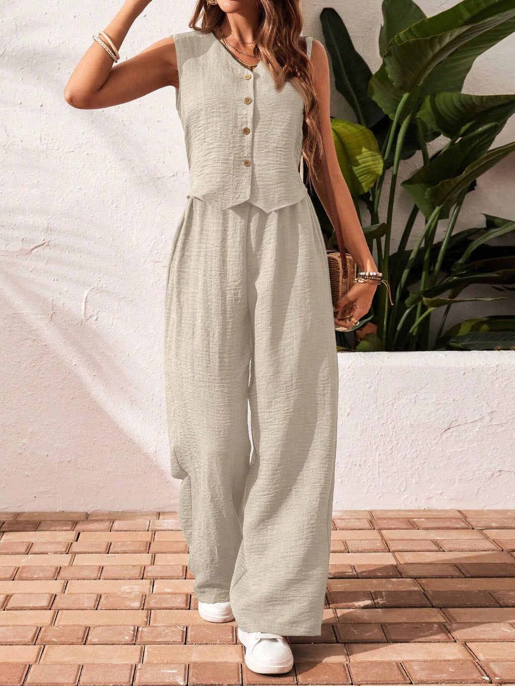 Frenchy Women'S Solid Color Front Button Sleeveless Blouse and Long Pants Casual Suit Set Fall Women Outfits Women Outfit Sets Winter Women Sets Summer
