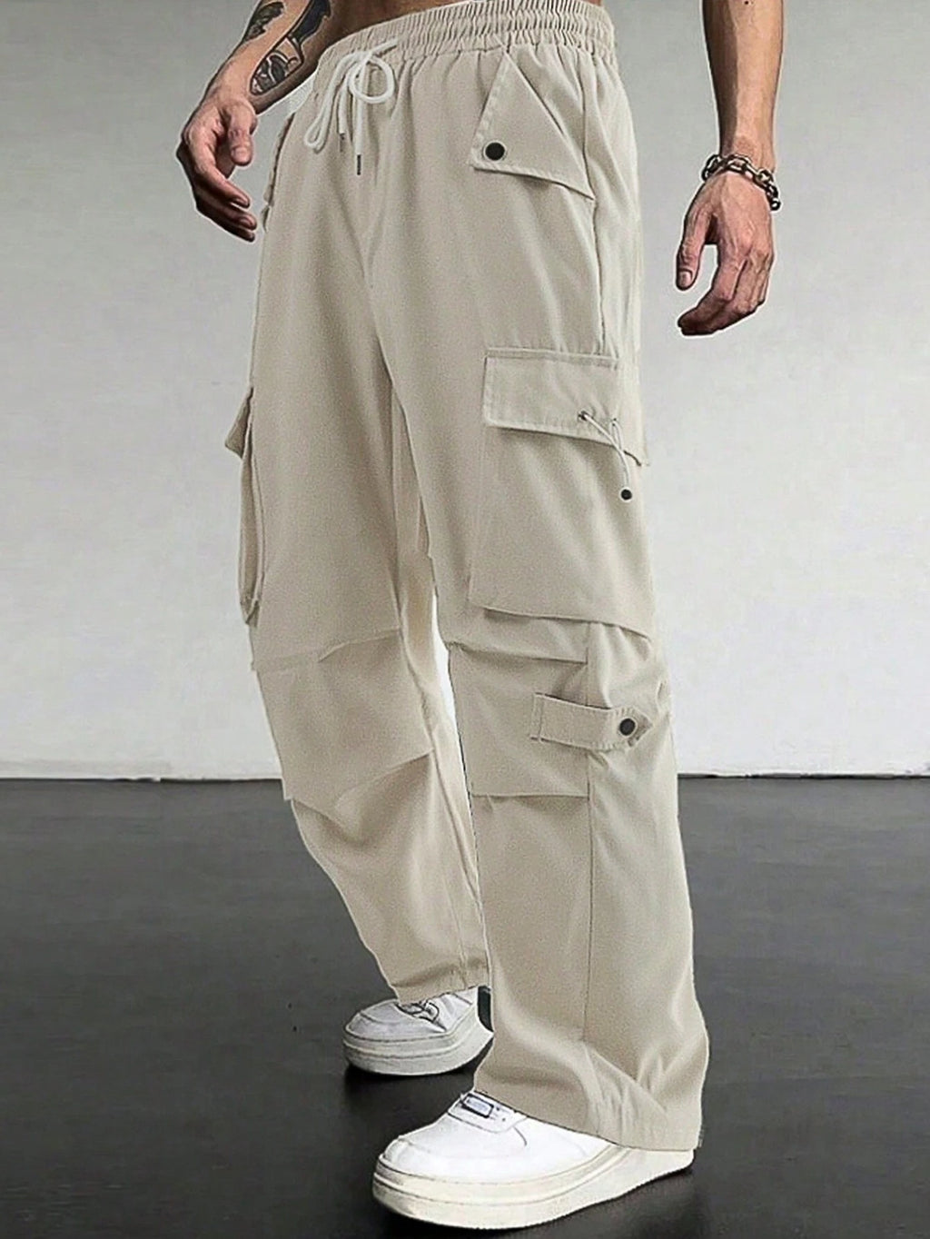 Manfinity Homme Men'S Flap Pocket Drawstring Waist Cargo Pants Baggy Long Plain Going Out, for Fall