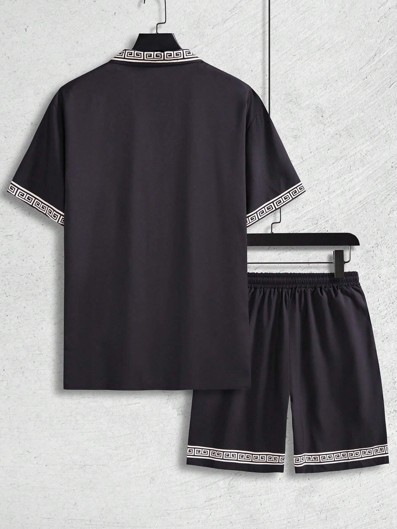 Manfinity Homme Men'S Casual Vacation Geometric Print Short Sleeve Button down Shirt and Shorts Set with Collar, Boyfriend Gift