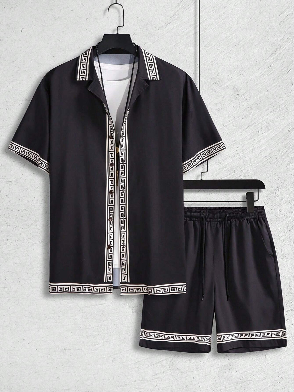 Manfinity Homme Men'S Casual Vacation Geometric Print Short Sleeve Button down Shirt and Shorts Set with Collar, Boyfriend Gift