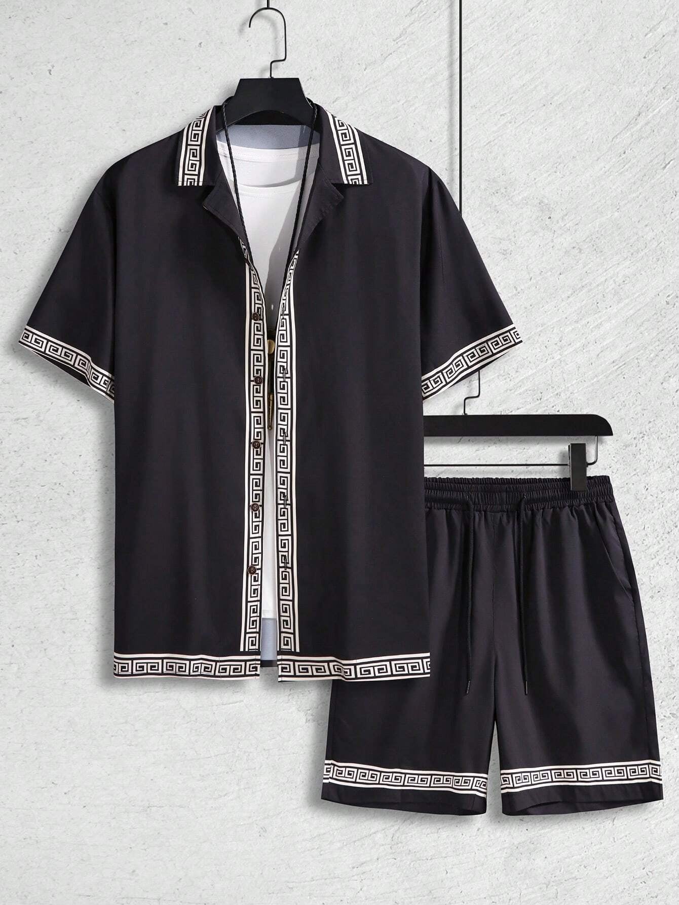 Manfinity Homme Men'S Casual Vacation Geometric Print Short Sleeve Button down Shirt and Shorts Set with Collar, Boyfriend Gift