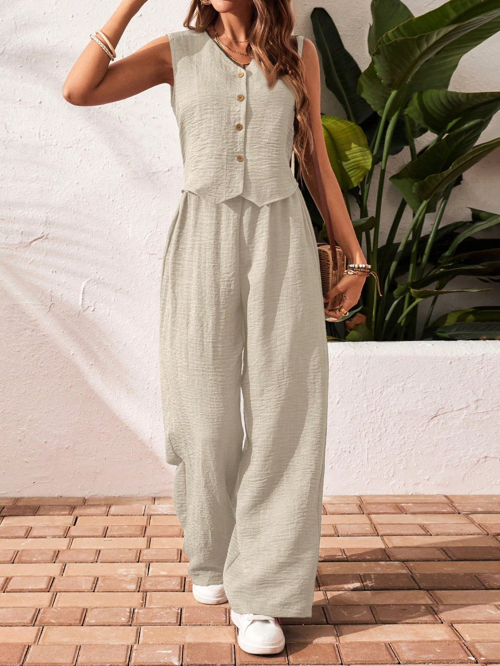 Frenchy Women'S Solid Color Front Button Sleeveless Blouse and Long Pants Casual Suit Set Fall Women Outfits Women Outfit Sets Winter Women Sets Summer