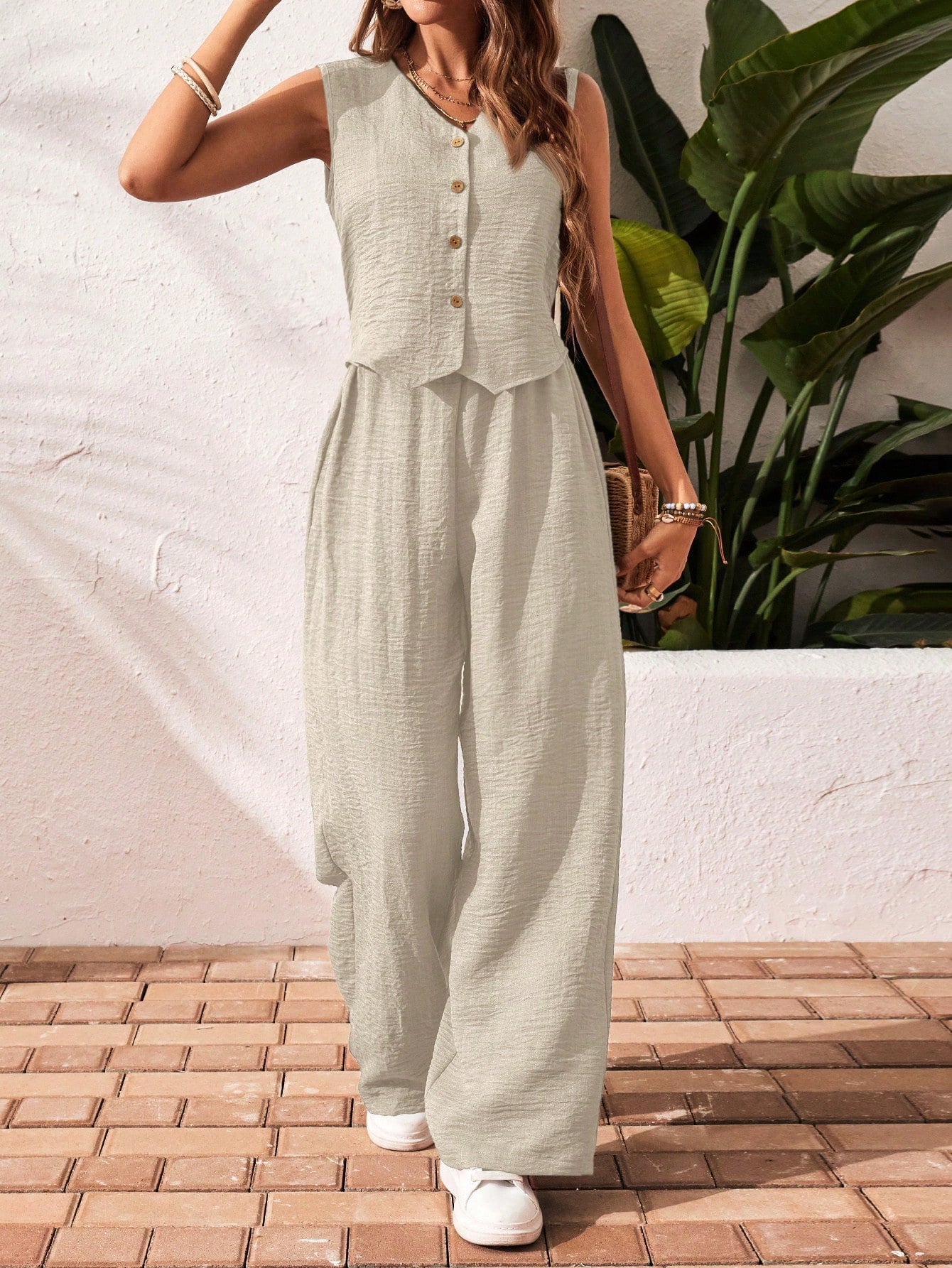 Frenchy Women'S Solid Color Front Button Sleeveless Blouse and Long Pants Casual Suit Set Fall Women Outfits Women Outfit Sets Winter Women Sets Summer