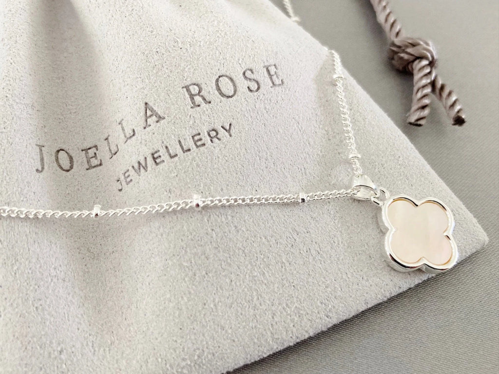 Silver Clover Necklace: Mother of Pearl Pendant, Lucky Four Leaf Clover, Satellite Chain