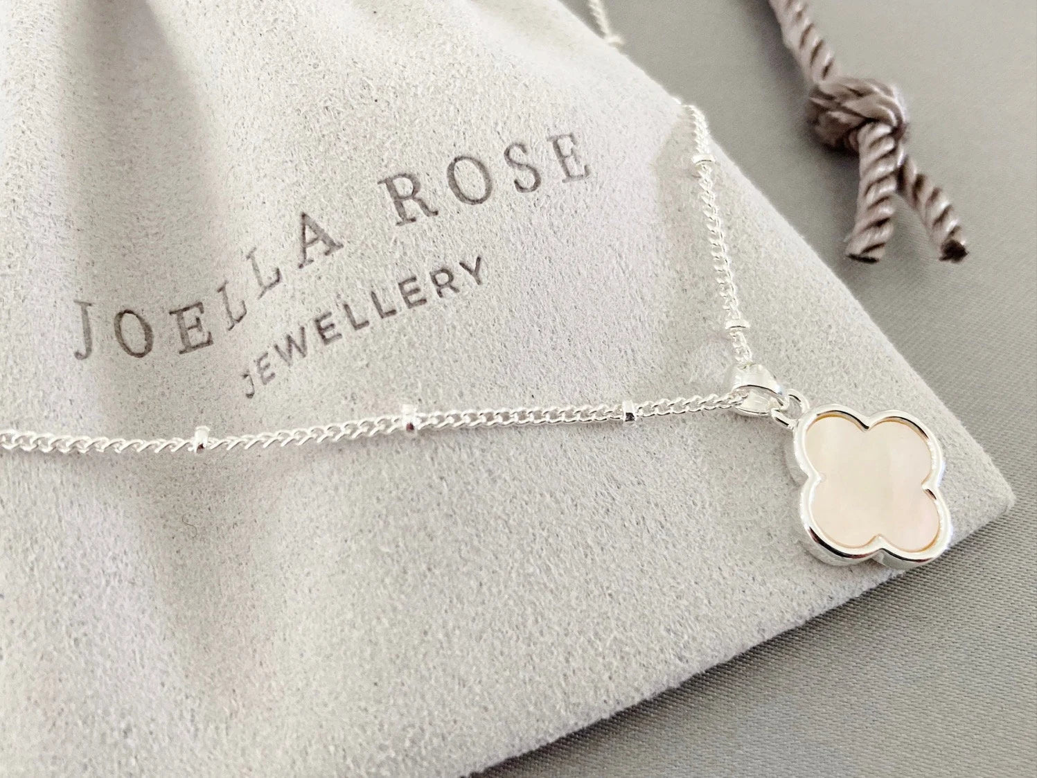 Silver Clover Necklace: Mother of Pearl Pendant, Lucky Four Leaf Clover, Satellite Chain