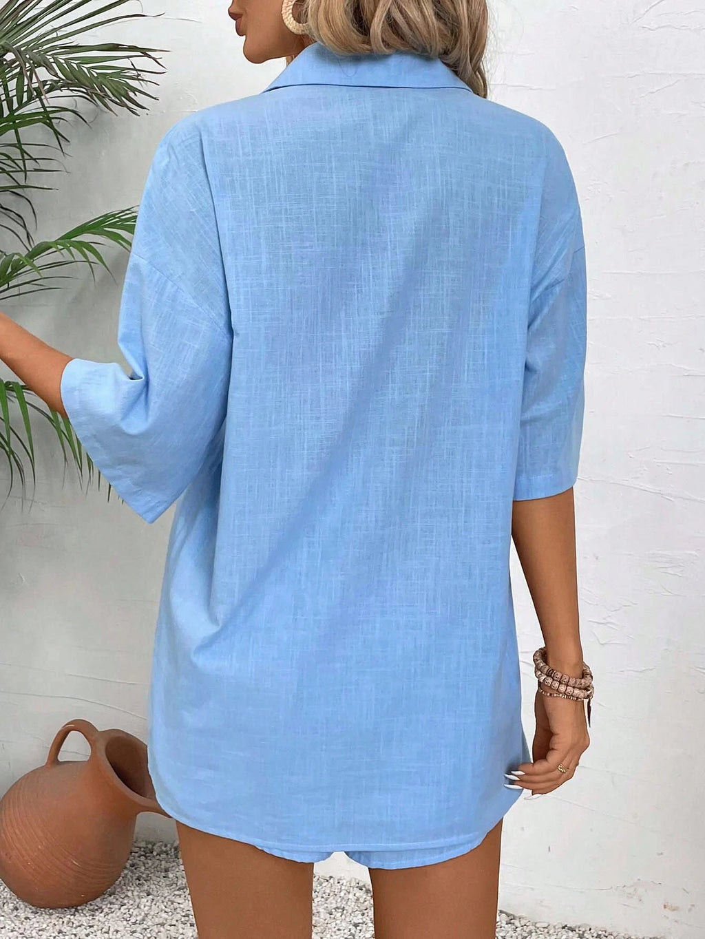 Chill in Style: Emery Rose's Casual Drop-Shoulder Short Sleeve Shirt & Shorts Set for Your Perfect Vacation! 🌴✨