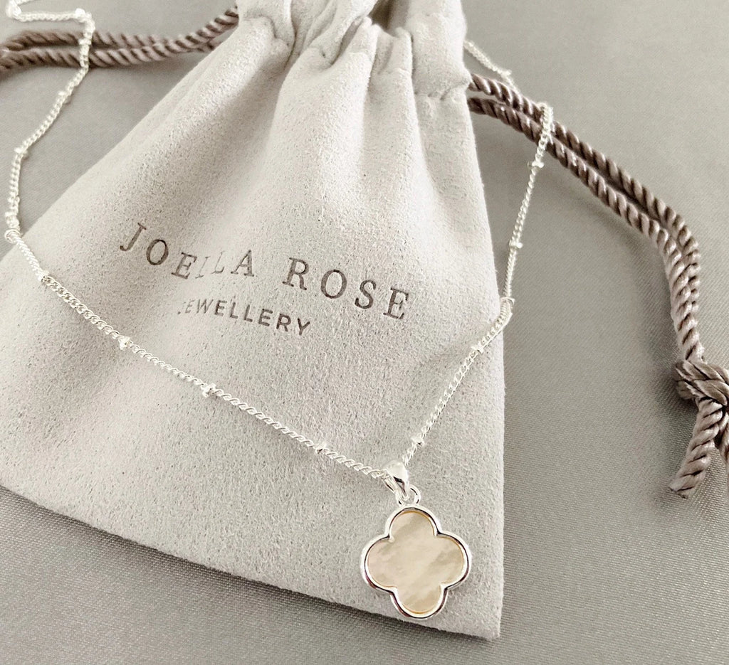Silver Clover Necklace: Mother of Pearl Pendant, Lucky Four Leaf Clover, Satellite Chain