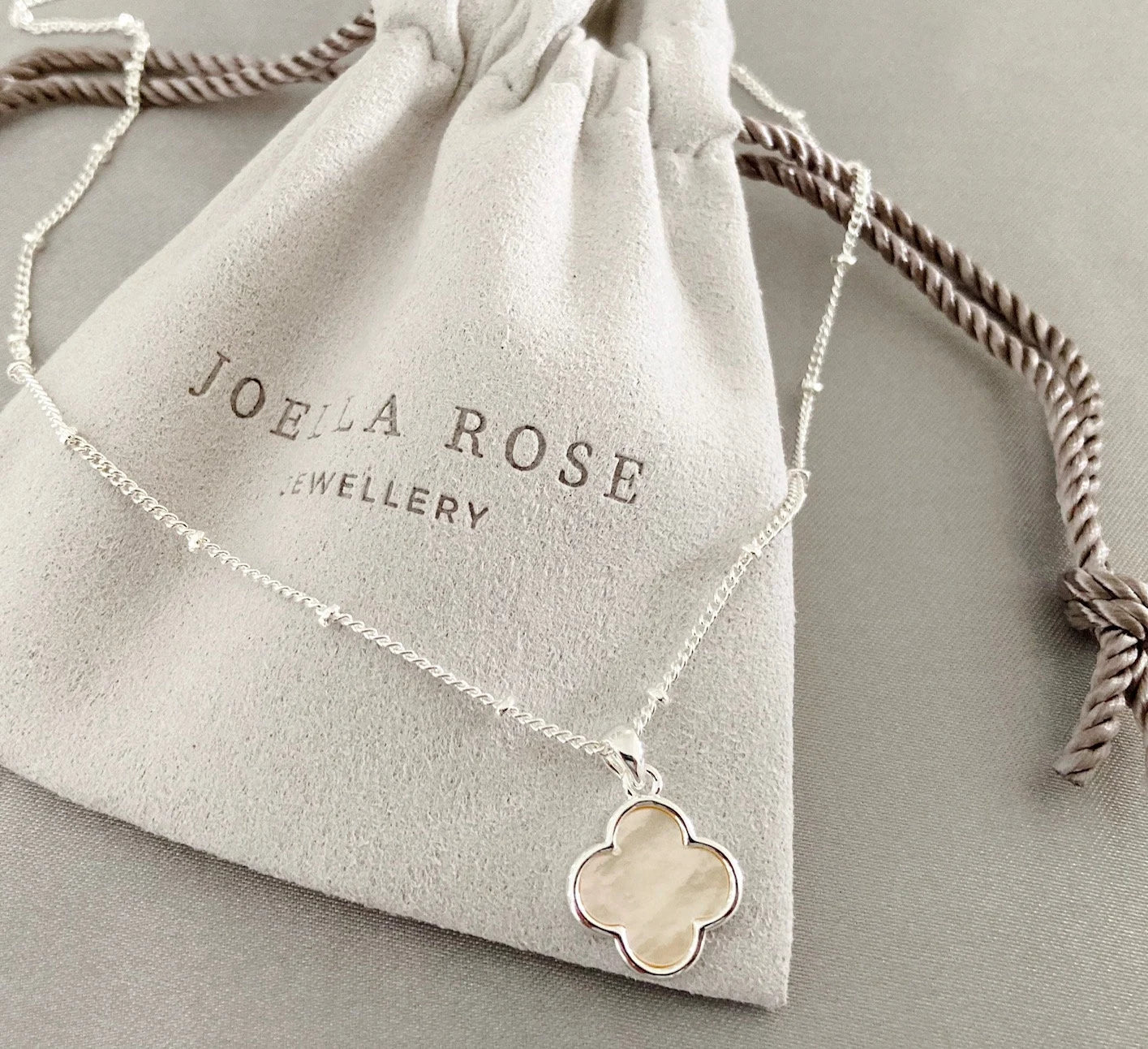 Silver Clover Necklace: Mother of Pearl Pendant, Lucky Four Leaf Clover, Satellite Chain