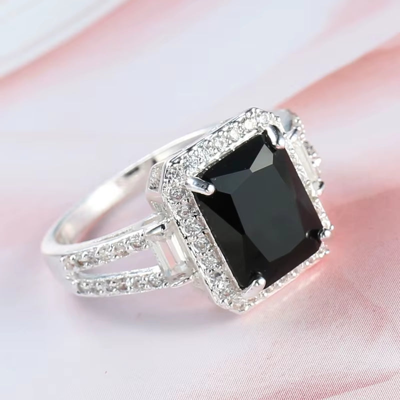 Real 925 Sterling Silver Ring for Women Black Zircon Stone Ring for Women Romantic Gift Engagement Jewelry Anillos Mujer
