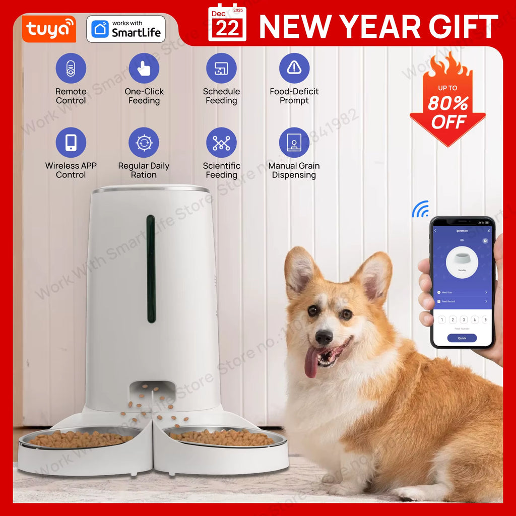 Wifi Automatic Cat Feeders for 2 Cats, 4L Cat Food Dispenser with APP Control, Double Stainless Steel Bowls, Low Food Alarms