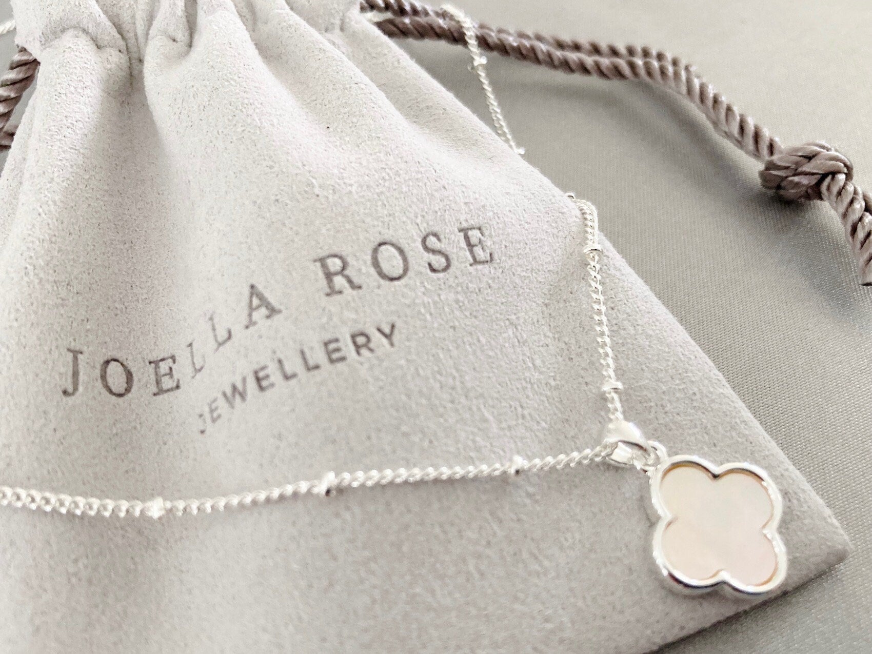 Silver Clover Necklace: Mother of Pearl Pendant, Lucky Four Leaf Clover, Satellite Chain