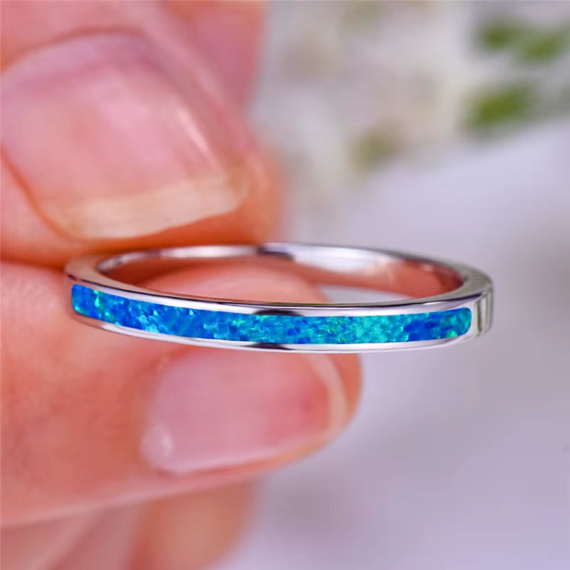 Luxury Female Blue White Opal Stone Ring Boho Fashion Silver Color Big round Ring Promise Love Engagement Rings for Women