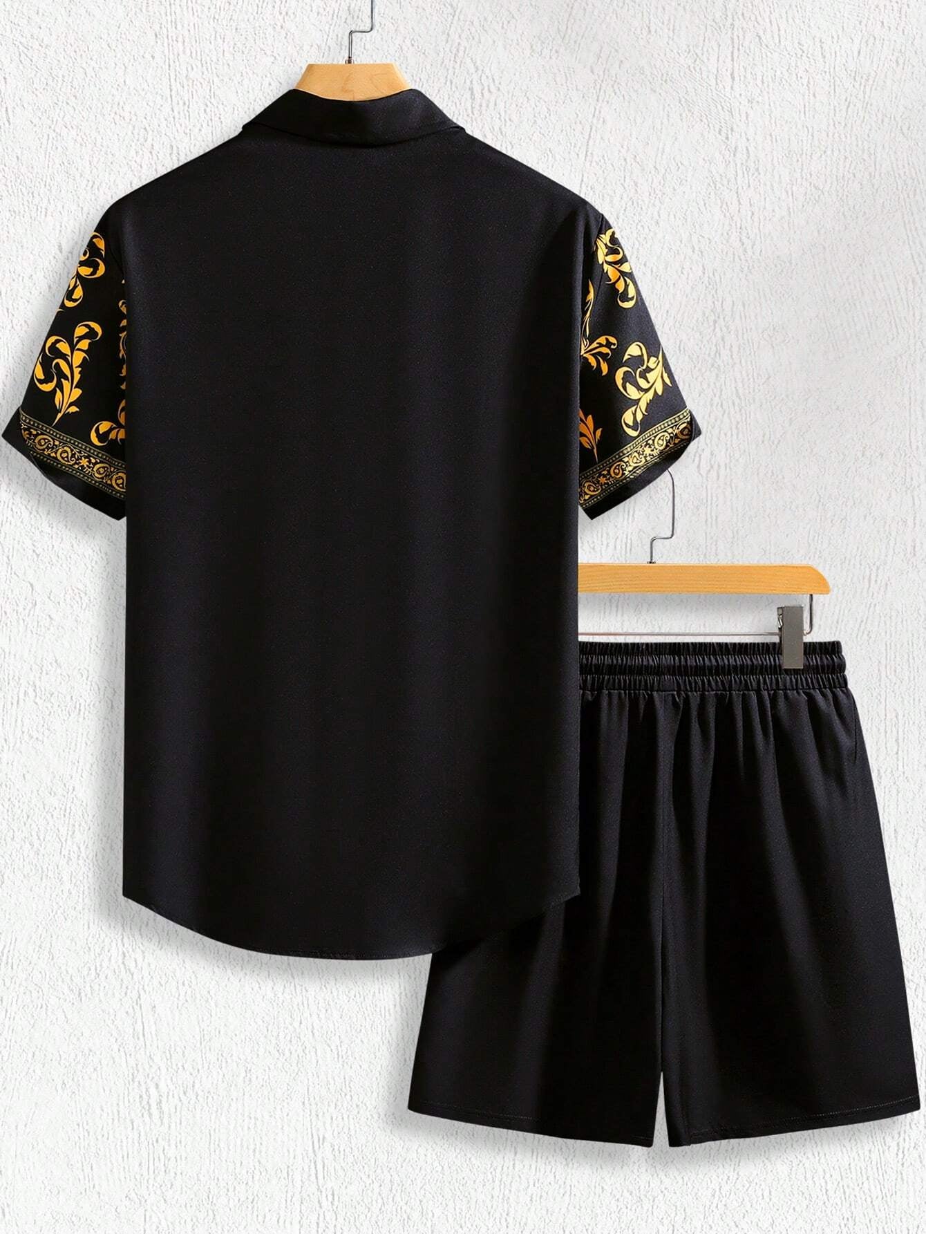 Calvornis Men'S Resort-Casual Short-Sleeve Shirt and Shorts Set with a Luxurious Black-And-Gold Paisley Pattern, Woven in a Silky Satin Jacquard Fabric. Featuring a Button-Front Closure, It'S Perfect for Music Festivals, Hawaiian Beach Vacations, and Everyday Styling. It Also Makes a Great Gift for a Boyfriend or Husband ,Men'S Casual Cashew Flower Print Shirt and Shorts Set Men Shorts Set ,Men Two Piece Outfits