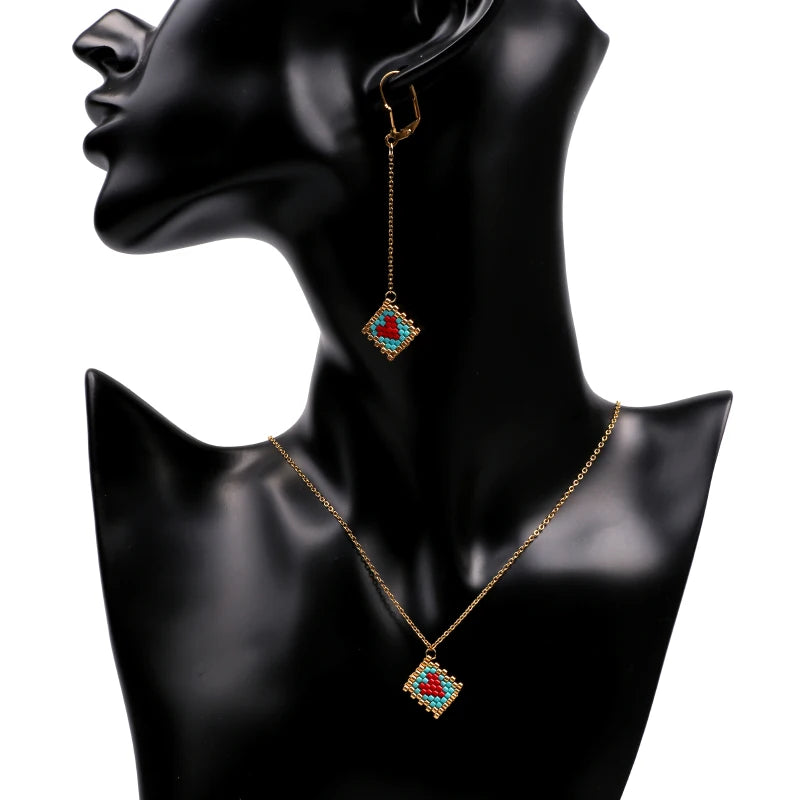 Sweet Love Heart Earrings Miyuki Boho Jewelry Red Wedding Long Drop Earring Women Accessories Pendientes Korean Earring