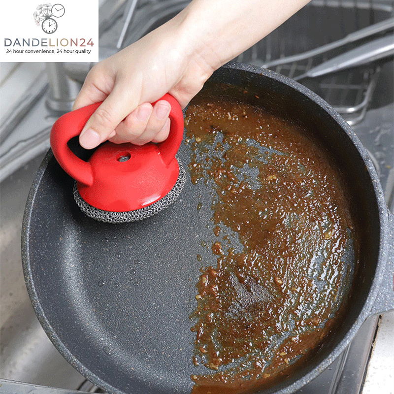 Cast Iron Scrubber 316 Stainless Steel Cast Iron Scrubber with Handle Steel Wool Scrubber round Chainmail Scrubber Brush Kitchen Gadgets