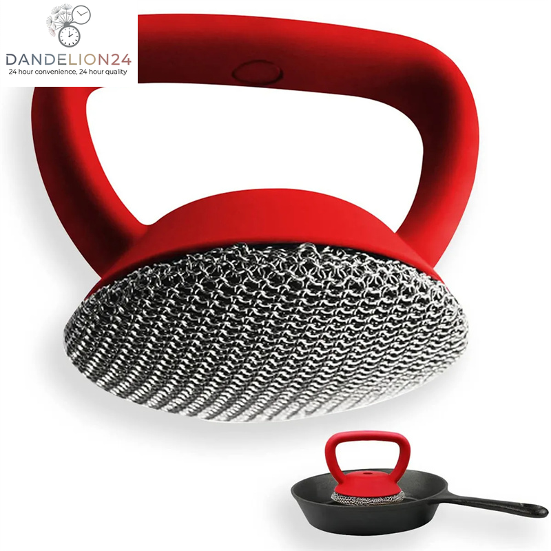 Cast Iron Scrubber 316 Stainless Steel Cast Iron Scrubber with Handle Steel Wool Scrubber round Chainmail Scrubber Brush Kitchen Gadgets