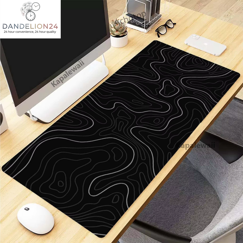 Black and White Topographic Map Art Mouse Pad XXL Mousepad Rubber Keyboard Pads Gaming Setup Accessories Mouse Mat 900X400Mm