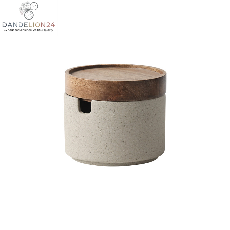 Kitchen Seasoning Pot Ceramic Three Piece Suit Simple Salt Pot Acacia Wood Tray with Cover