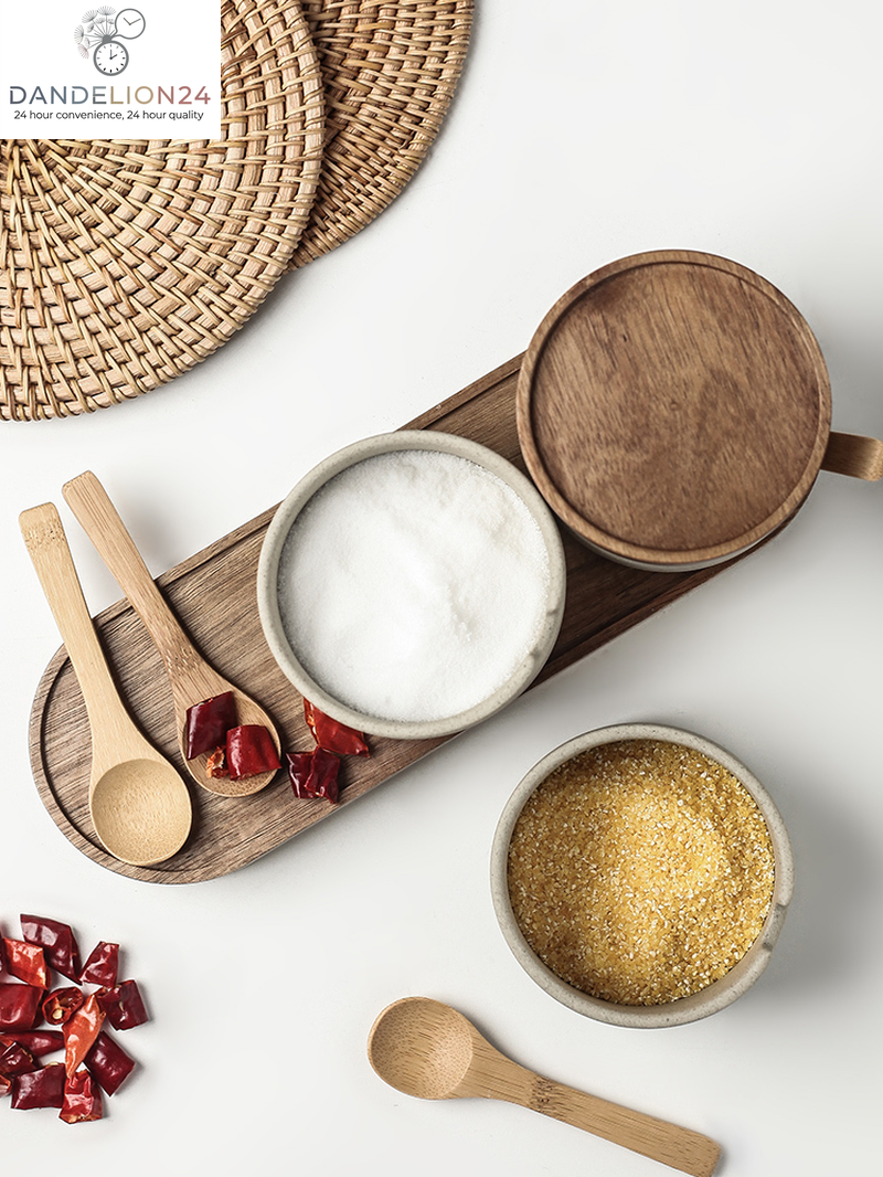 Kitchen Seasoning Pot Ceramic Three Piece Suit Simple Salt Pot Acacia Wood Tray with Cover