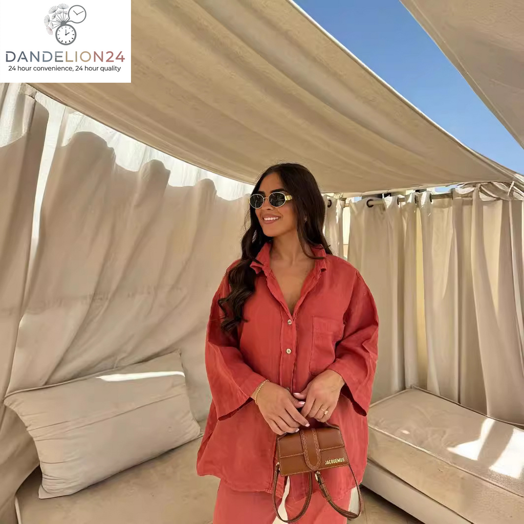 Casual Polyester Pocket Shirt Pants Suitable for Women'S Wide Leg Pants, Long Sleeved Shirt Set, Women'S Loose High Street Two-Piece Set