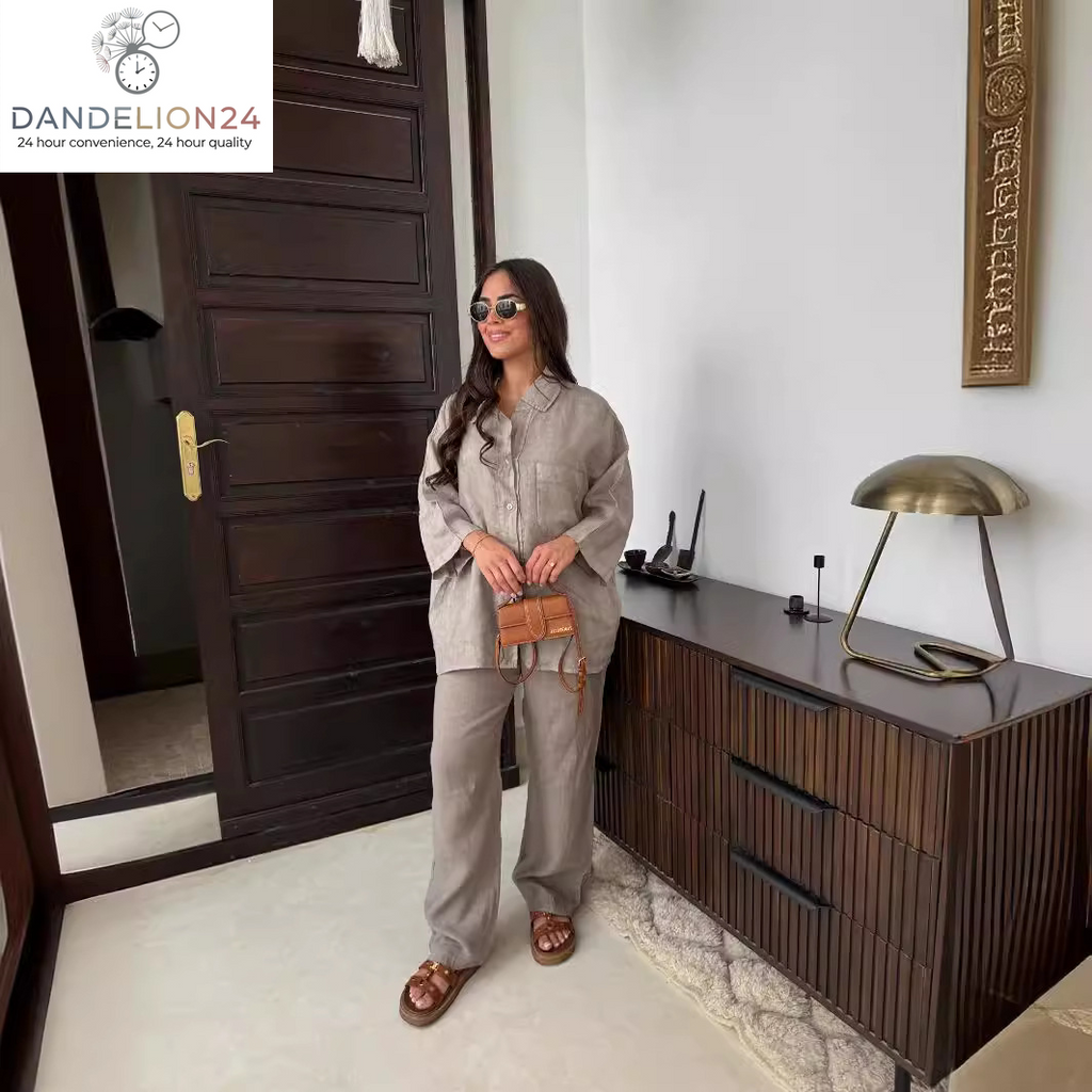 Casual Polyester Pocket Shirt Pants Suitable for Women'S Wide Leg Pants, Long Sleeved Shirt Set, Women'S Loose High Street Two-Piece Set