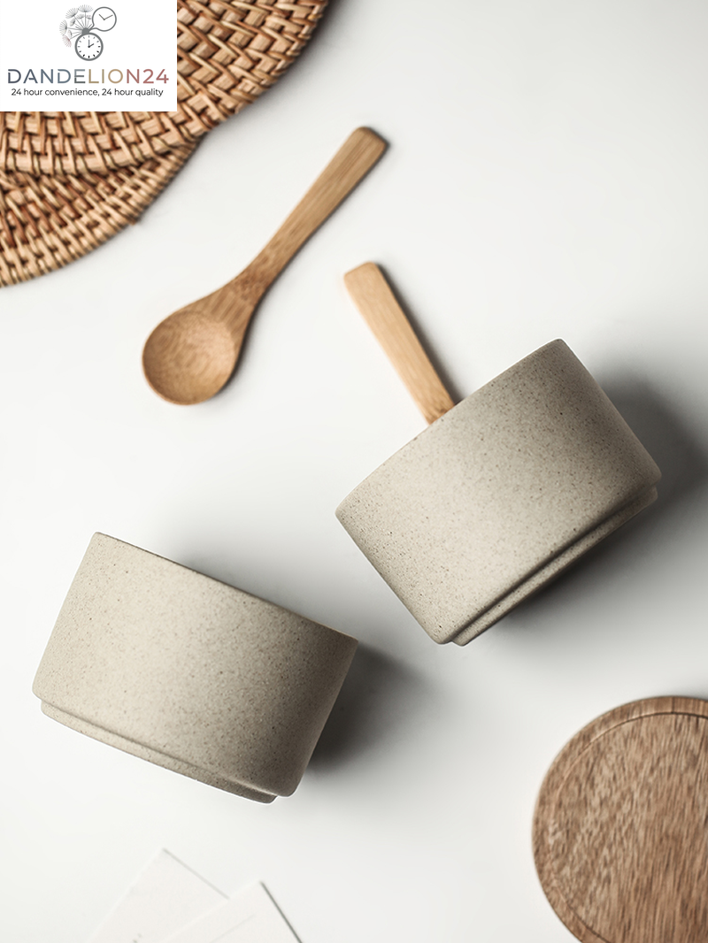 Kitchen Seasoning Pot Ceramic Three Piece Suit Simple Salt Pot Acacia Wood Tray with Cover