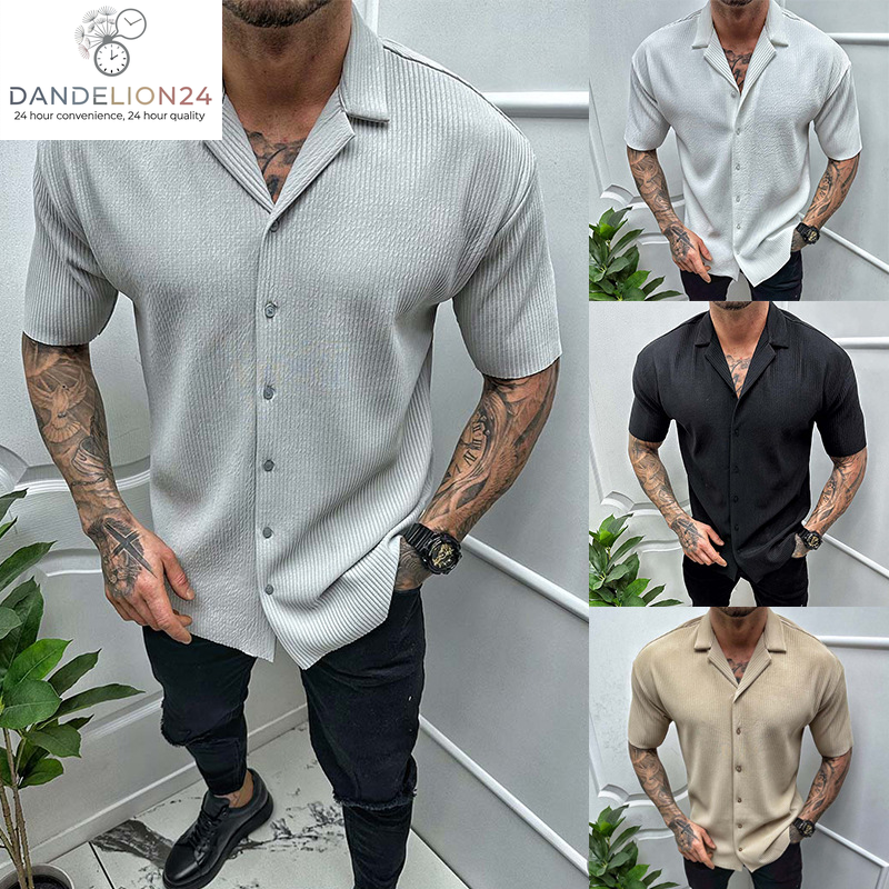 Men'S Cardigan Solid Color Short Sleeve Shirt