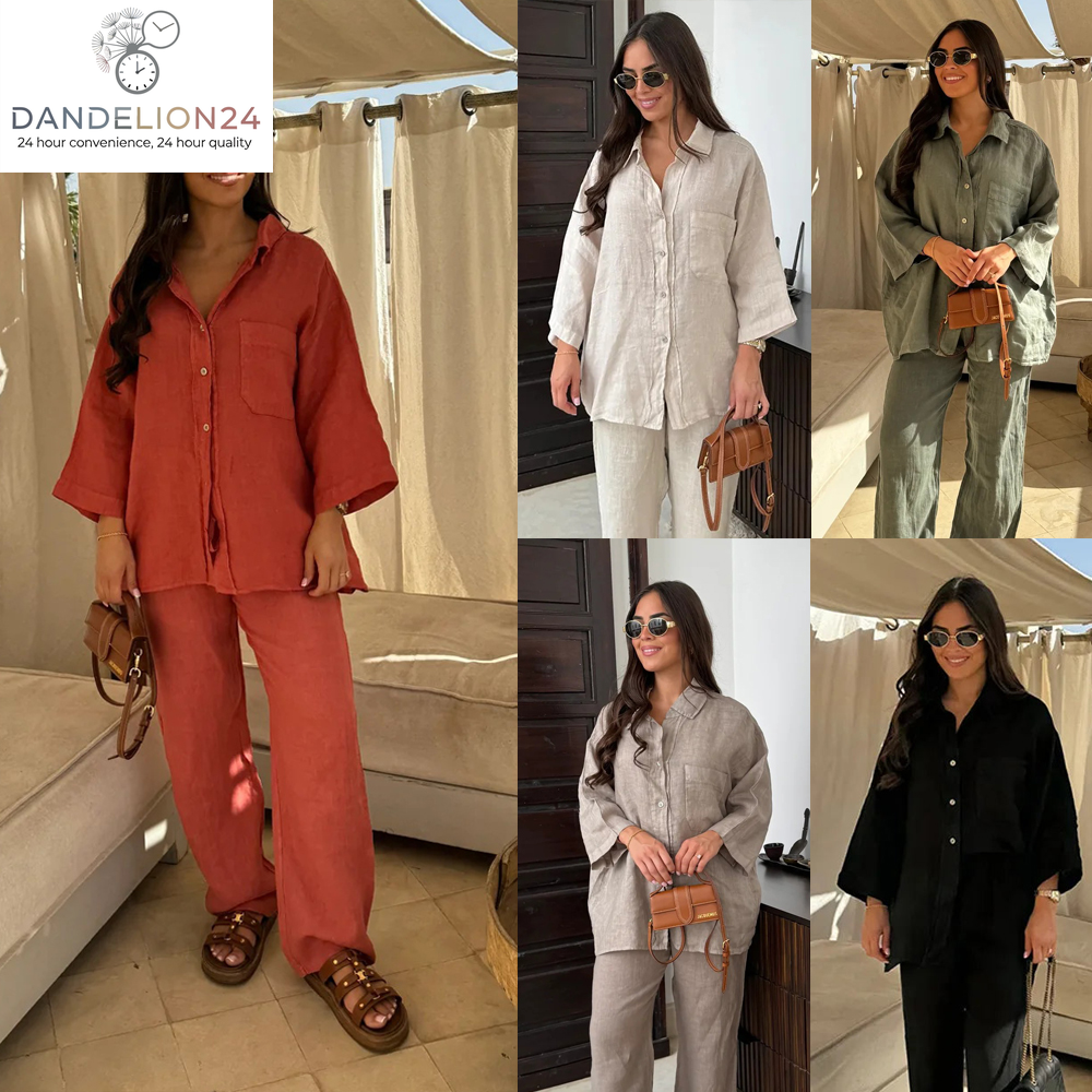 Casual Polyester Pocket Shirt Pants Suitable for Women'S Wide Leg Pants, Long Sleeved Shirt Set, Women'S Loose High Street Two-Piece Set