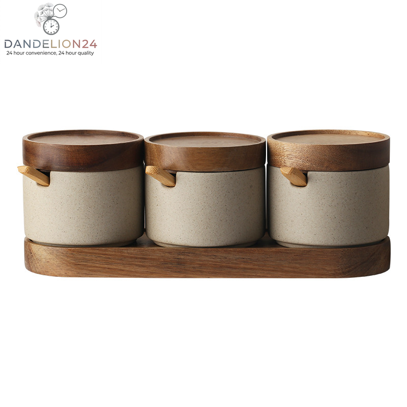 Kitchen Seasoning Pot Ceramic Three Piece Suit Simple Salt Pot Acacia Wood Tray with Cover