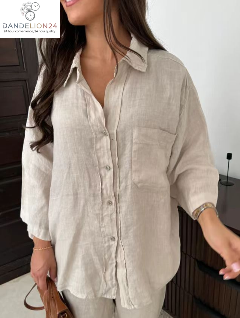 Casual Polyester Pocket Shirt Pants Suitable for Women'S Wide Leg Pants, Long Sleeved Shirt Set, Women'S Loose High Street Two-Piece Set