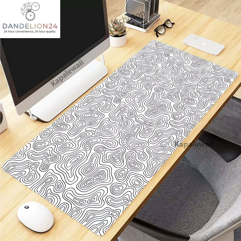Black and White Topographic Map Art Mouse Pad XXL Mousepad Rubber Keyboard Pads Gaming Setup Accessories Mouse Mat 900X400Mm