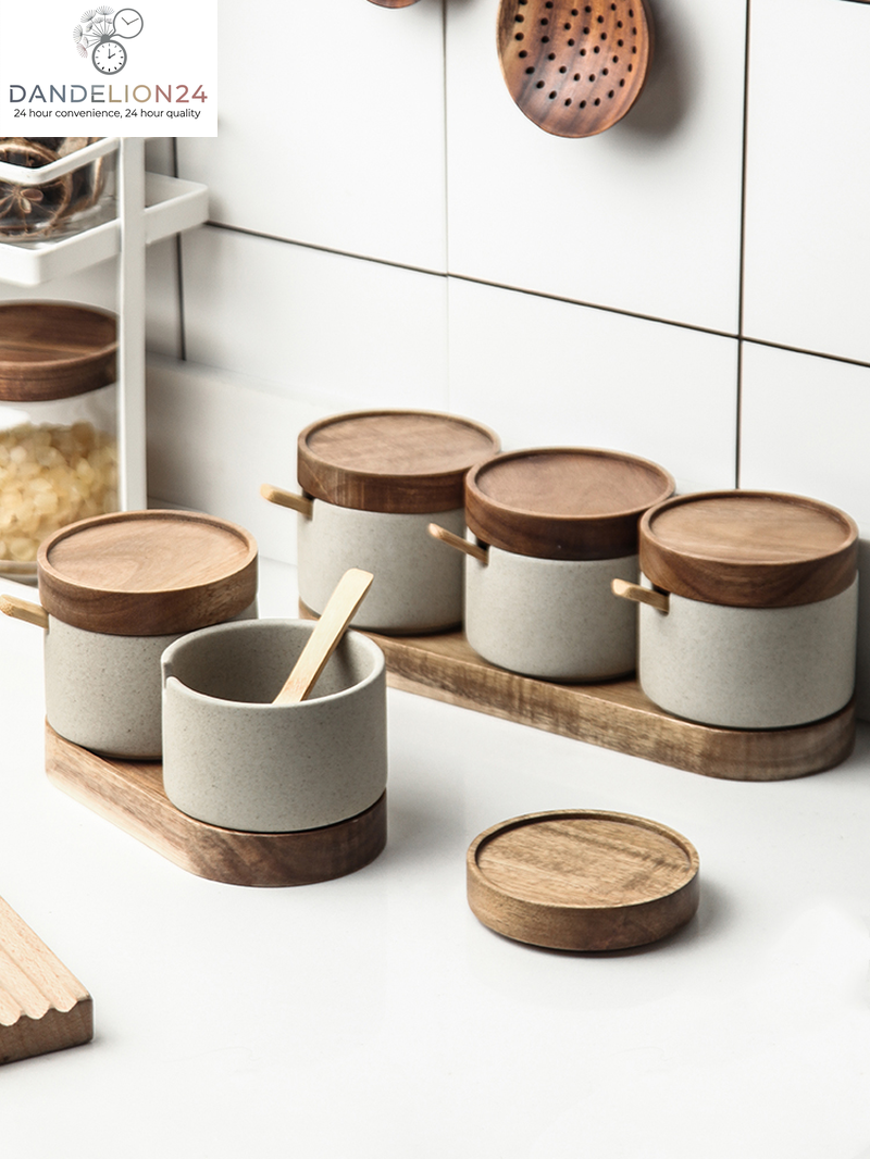 Kitchen Seasoning Pot Ceramic Three Piece Suit Simple Salt Pot Acacia Wood Tray with Cover