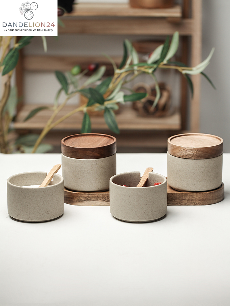 Kitchen Seasoning Pot Ceramic Three Piece Suit Simple Salt Pot Acacia Wood Tray with Cover