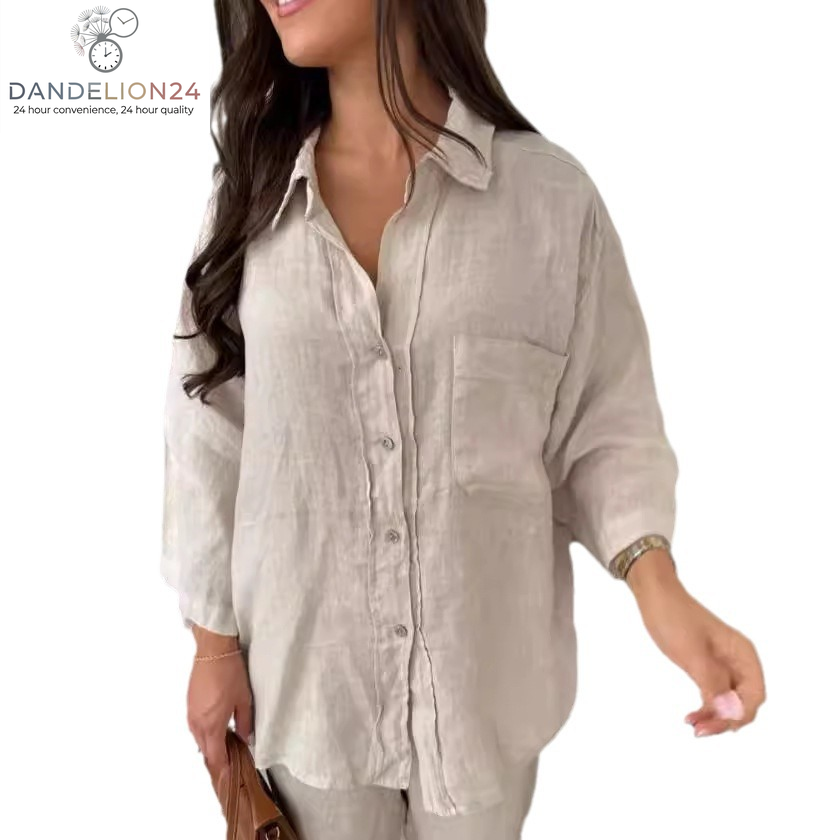 Casual Polyester Pocket Shirt Pants Suitable for Women'S Wide Leg Pants, Long Sleeved Shirt Set, Women'S Loose High Street Two-Piece Set