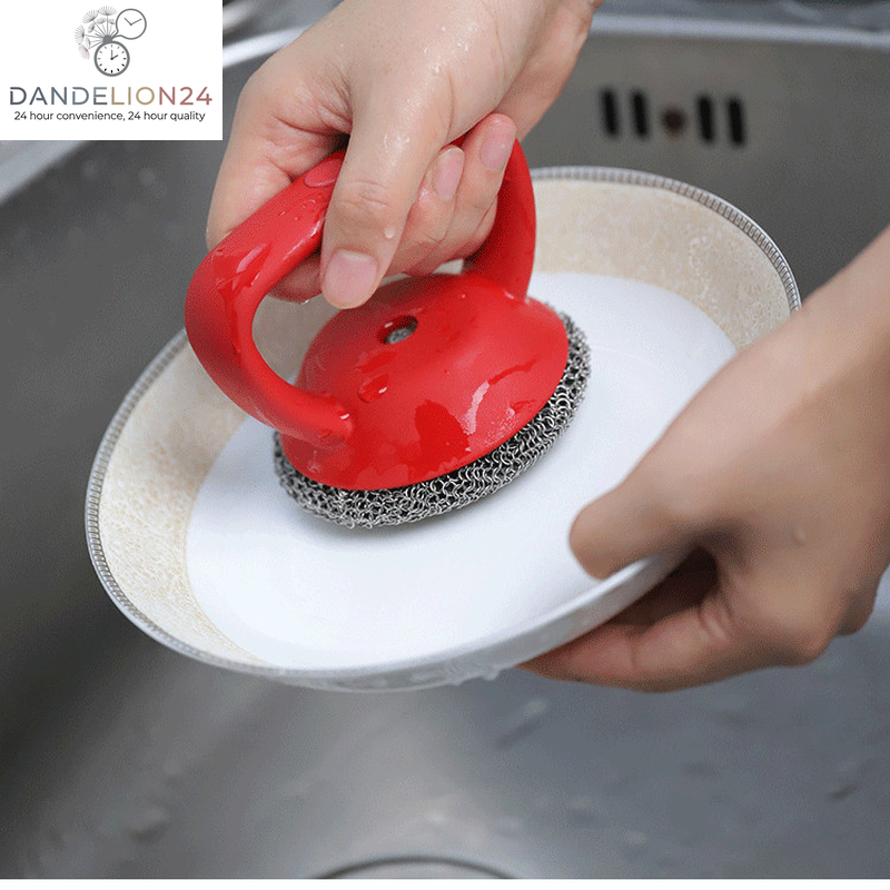 Cast Iron Scrubber 316 Stainless Steel Cast Iron Scrubber with Handle Steel Wool Scrubber round Chainmail Scrubber Brush Kitchen Gadgets