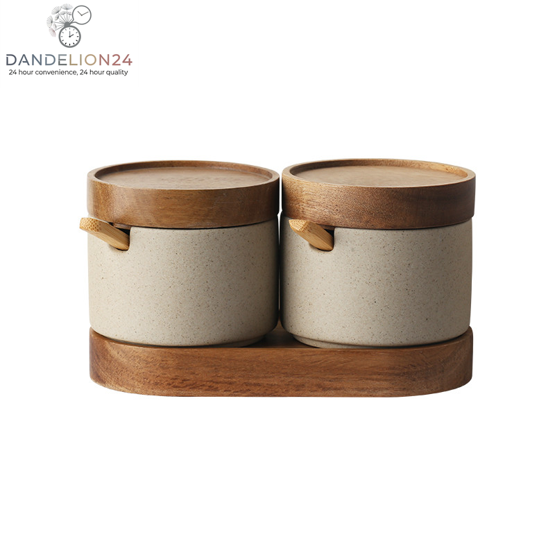Kitchen Seasoning Pot Ceramic Three Piece Suit Simple Salt Pot Acacia Wood Tray with Cover